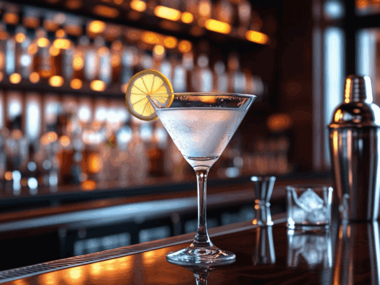 Close-up of a vodka martini with a lemon slice garnish, set on a polished bar counter with a softly blurred background of liquor bottles.