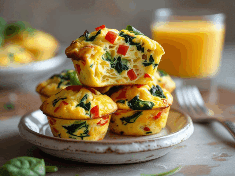 Stacked egg muffins on a ceramic plate, one cut in half to reveal fluffy insides, with orange juice in the background.