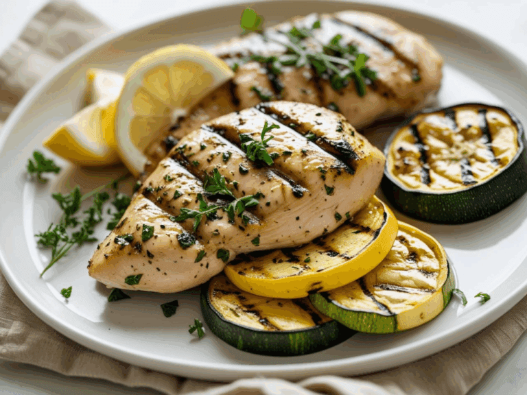 Juicy herb grilled chicken with parsley, lemon wedges, and roasted summer squash rounds.
