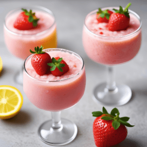 Three elegant glasses filled with vibrant pink Strawberry Lemonade Slushies, each garnished with fresh strawberries. These refreshing summer drinks combine the sweet taste of strawberries with the tangy flavor of lemons, making them perfect for hot days. Discover the full recipe and more refreshing drink ideas on Satisfy Your Cravings. #SummerDrinks #StrawberryLemonade #SatisfyYourCravings