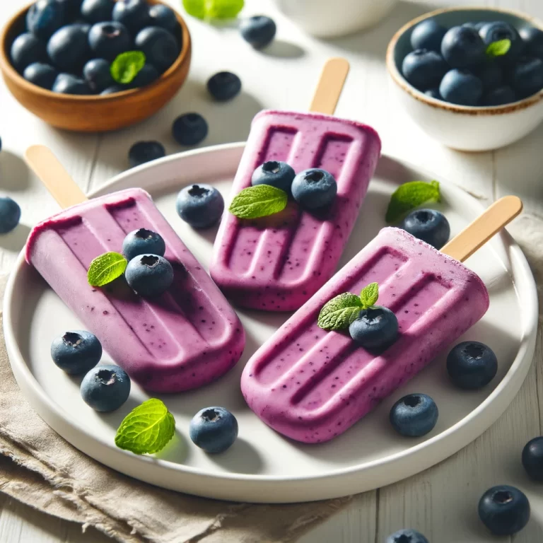 Three vibrant Blueberry Yogurt Popsicles on a plate, garnished with fresh blueberries and mint leaves, surrounded by bowls of blueberries, showcasing a healthy and refreshing summer treat.