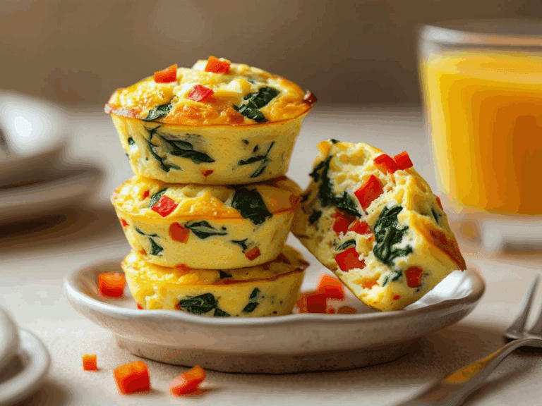 A tower of three egg muffins with a halved muffin showing colorful veggie interior, orange juice blurred in the background.