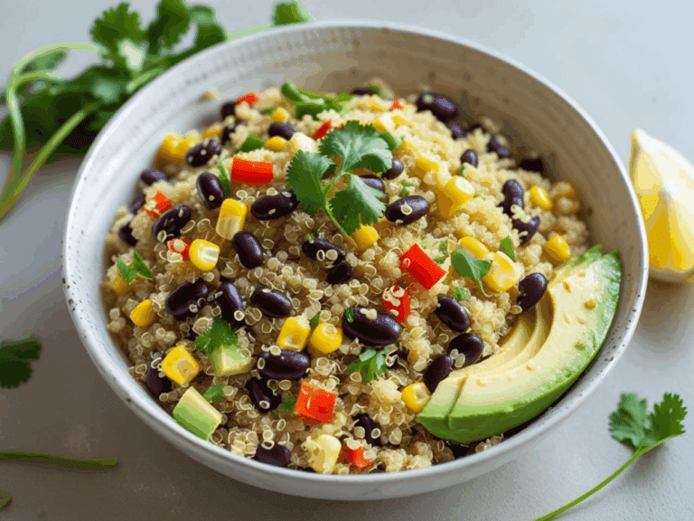 White ceramic bowl of quinoa salad with black beans, corn, diced red bell pepper, avocado slices, and cilantro, with a lemon wedge on the side.