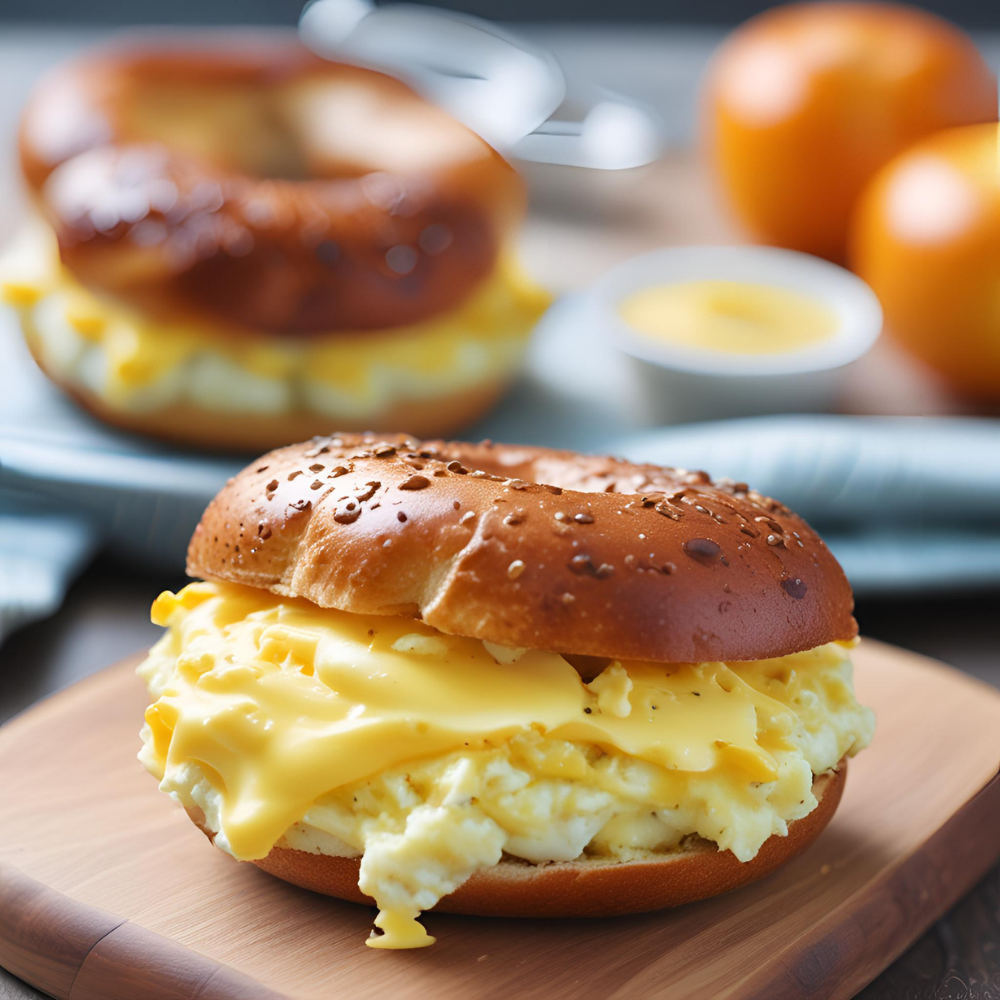 Egg and Cheese Breakfast Sandwich with tomato slices and cheese on a bagel.