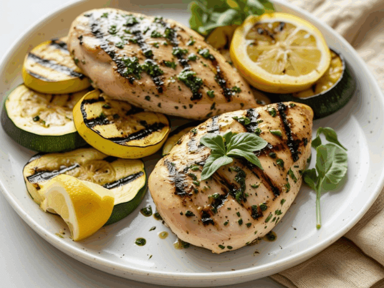 Grilled chicken topped with fresh herbs, served over grilled zucchini and squash with a side of lemon.