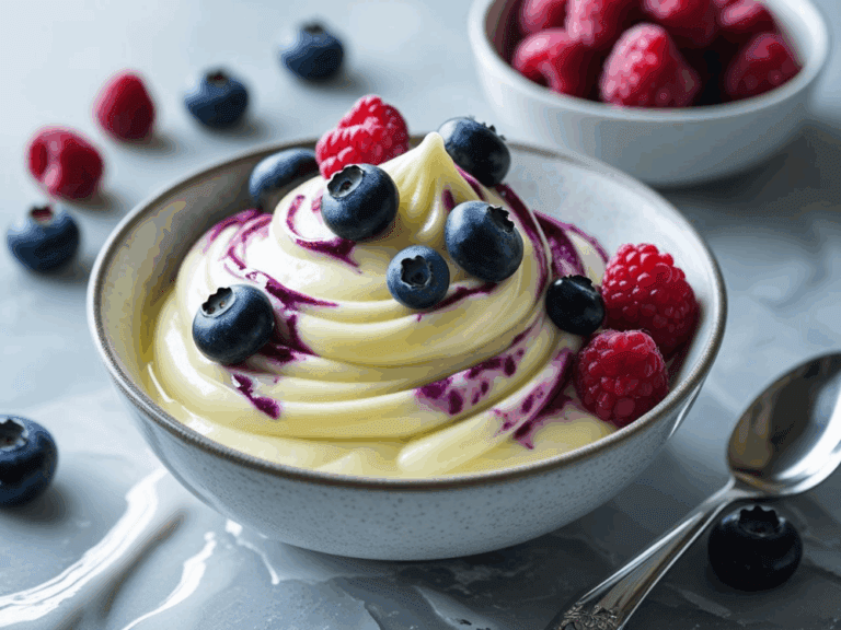 Yellow-tinted frozen yogurt with berry swirl, blueberries, and raspberries in a ceramic bowl on a marble surface.