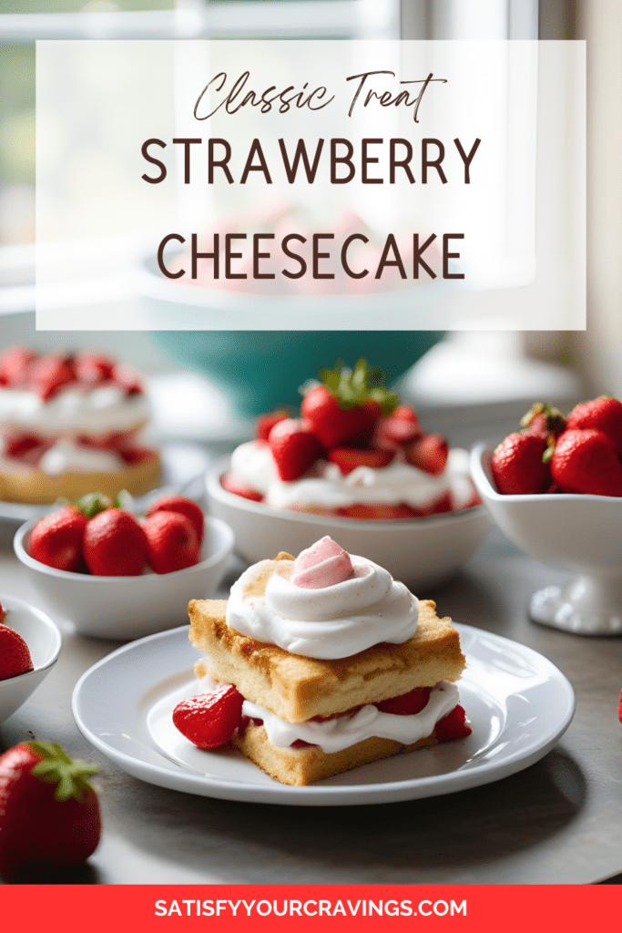 A delicious Strawberry Shortcake with layers of shortcake, fresh strawberries, and whipped cream, presented on a white plate, surrounded by bowls of strawberries.