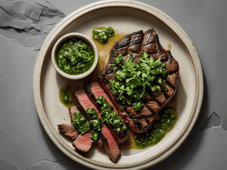 Overhead shot of grilled steak with chimichurri on a stone-gray table with a small bowl of extra sauce