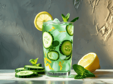 Vibrant cucumber lemonade in a tall glass with lemon wheel garnish, mint, and cucumber slices on marble