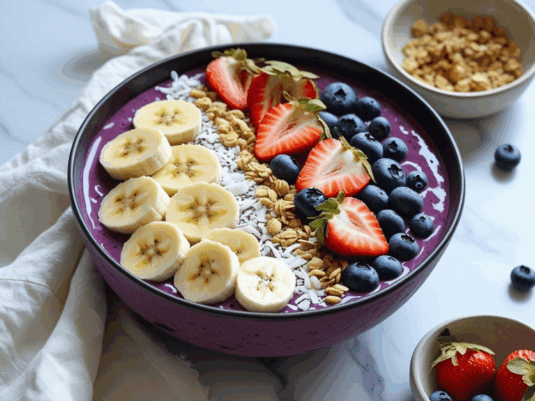 Acai bowl with banana, granola, blueberries, and strawberries in a black bowl