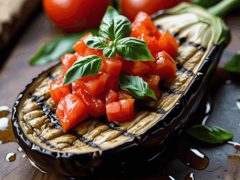 Macro shot of a halved grilled eggplant slice topped with juicy diced tomatoes and basil leaves, surrounded by olive oil on a dark surface.