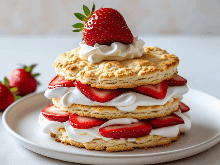 Three-layer strawberry shortcake with whipped cream and sliced strawberries on a white plate.