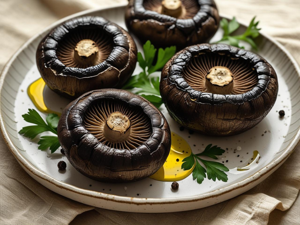 Four grilled portobello mushrooms plated with parsley, peppercorns, and olive oil on a neutral-toned tablecloth