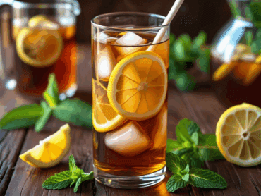 Tall glass of iced tea with lemon slices, ice, and a paper straw, surrounded by mint and lemons