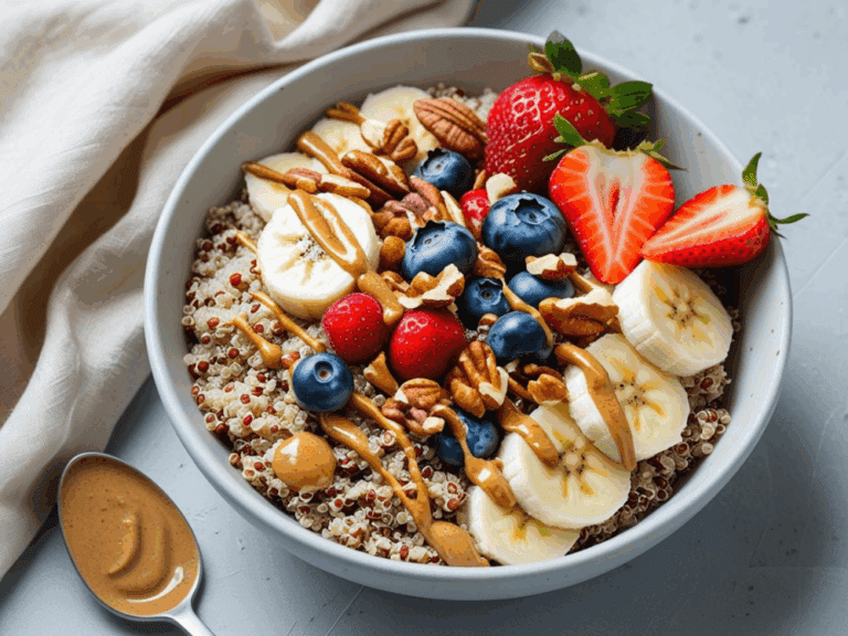Colorful quinoa breakfast bowl with strawberries, bananas, blueberries, and nut butter drizzle