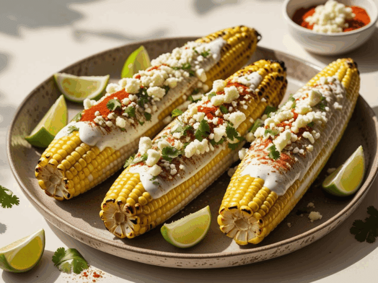 Grilled elotes covered in crema, Cotija cheese, and chili powder, surrounded by lime wedges and cilantro