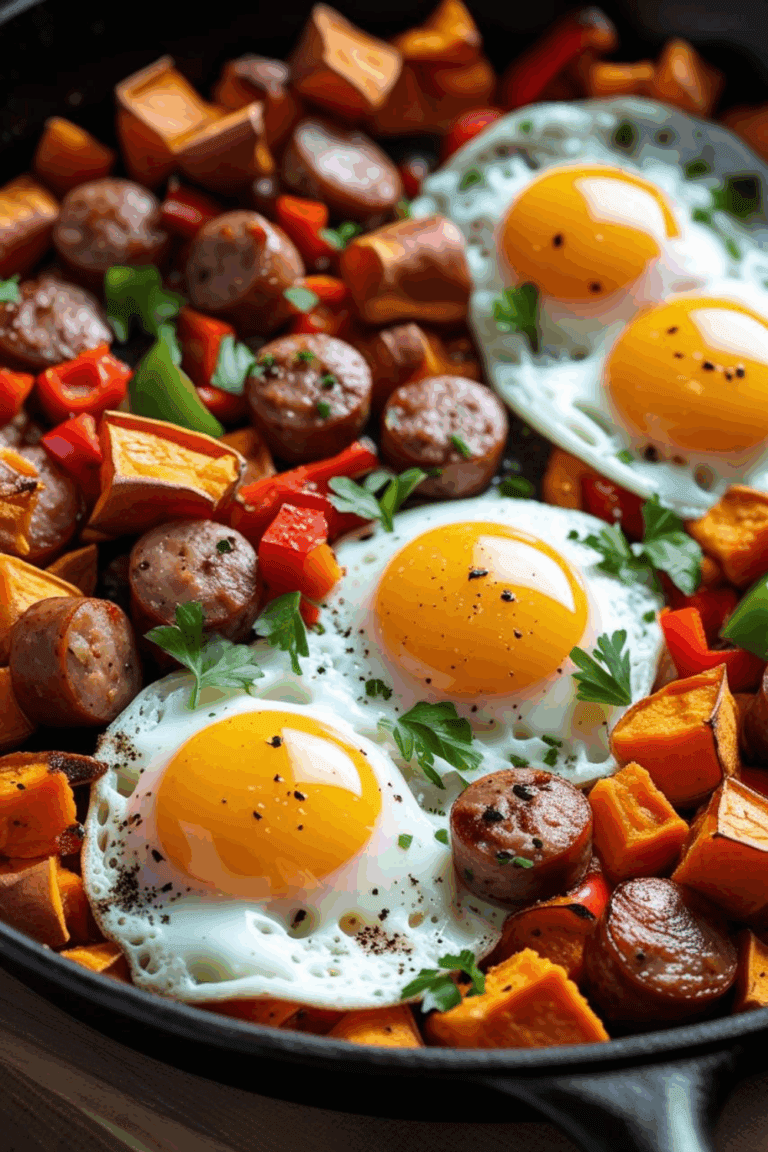 Top view of breakfast hash with eggs, sausage, and roasted vegetables