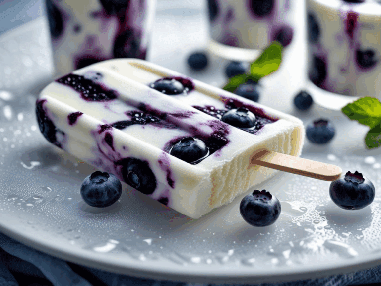 Blueberry yogurt popsicle with a bite taken out, lying on a plate with blueberries and condensation