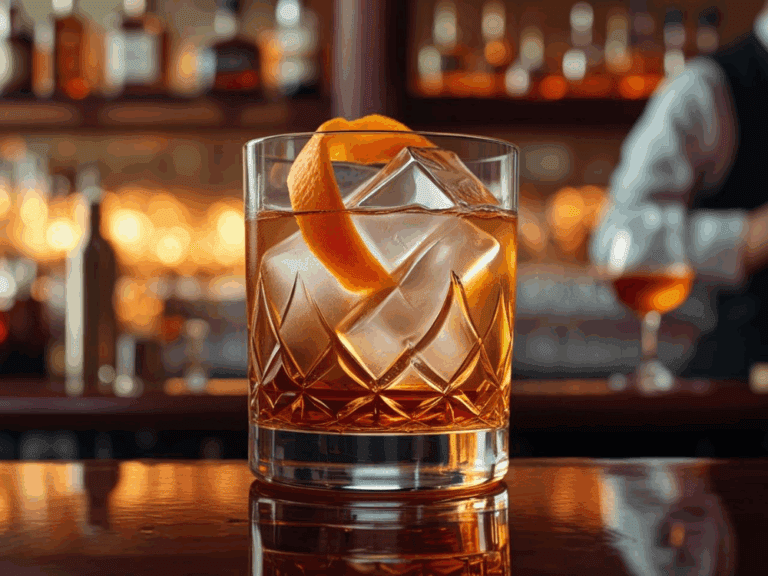 Old Fashioned cocktail on a bar top with orange twist, large ice cubes, and blurred background of bottles.