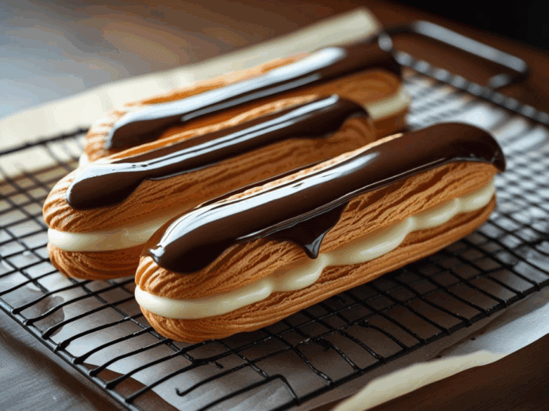 Two chocolate éclairs with vanilla filling on cooling rack