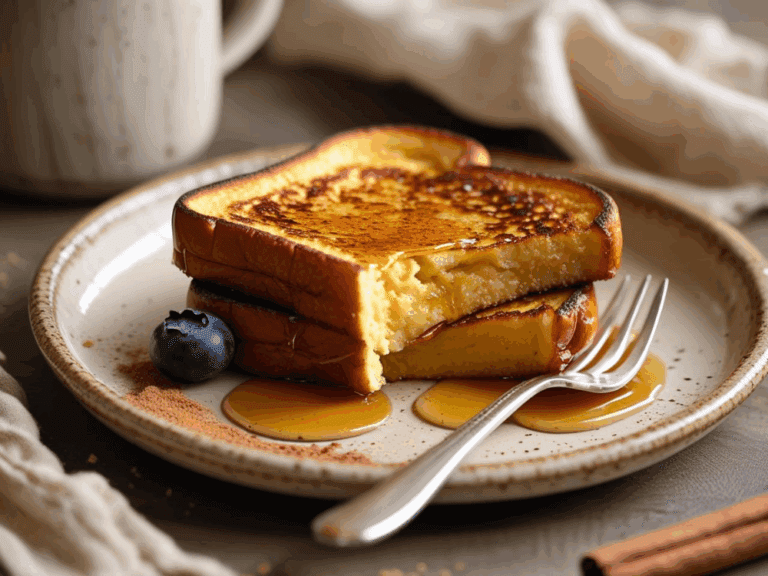 French toast with syrup and a single blueberry, served on a speckled ceramic plate