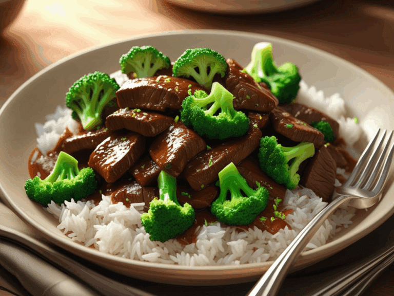 Shallow plate of beef and broccoli stir fry with fluffy rice and a fork on the side