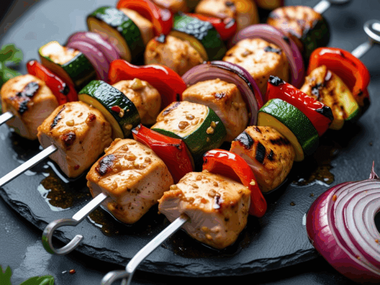 juicy chicken kabobs with charred grill marks on a black plate with red onion rings