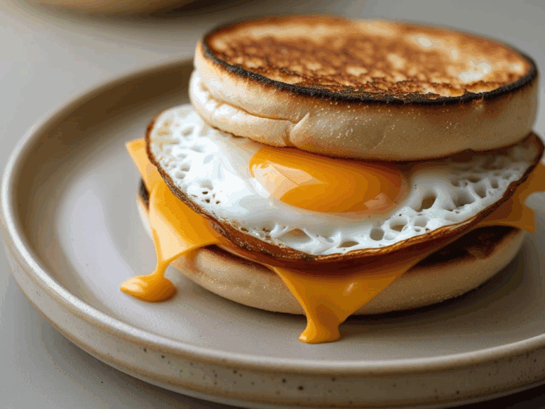 English muffin breakfast sandwich with cheddar melting and egg yolk dripping