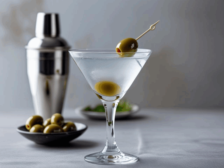 Side view of a vodka martini garnished with olives, with a cocktail shaker and bowl of olives in the background on a white tablecloth.