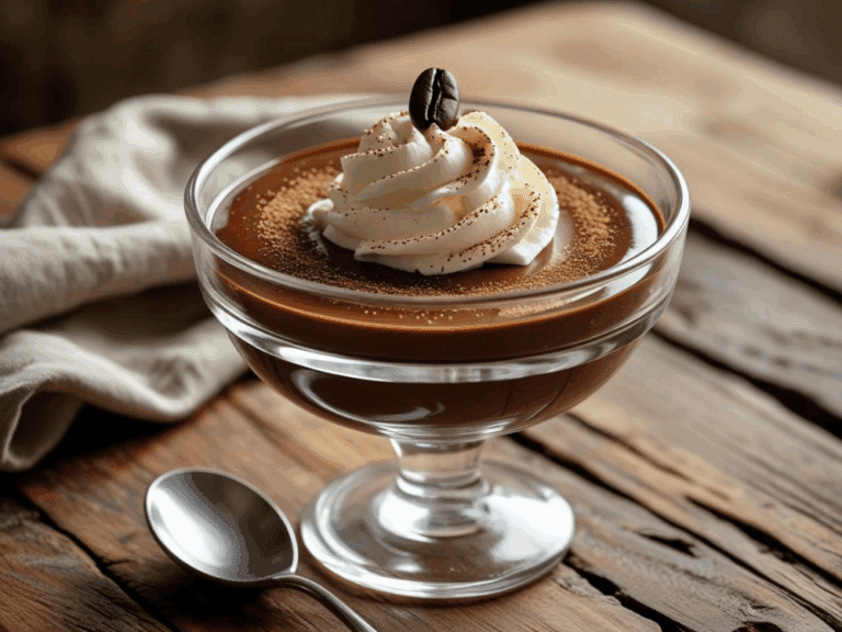 Espresso chocolate pudding in a glass dessert dish topped with whipped cream and a coffee bean, served with a spoon on a rustic wooden table.