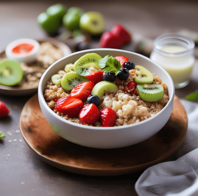 Healthy Quinoa Breakfast Bowl topped with fresh kiwi, strawberries, blueberries, and blackberries, served in a white bowl on a wooden plate. A nutritious and delicious breakfast option perfect for clean eating and busy mornings. Find the full recipe on Satisfy Your Cravings.