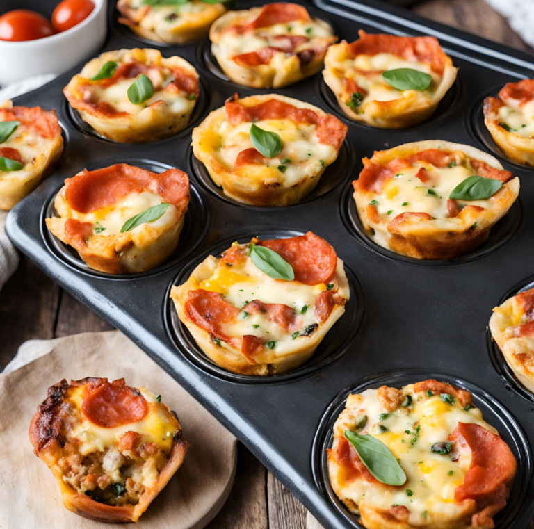 A muffin tin filled with freshly baked pizza egg muffins, each topped with slices of pepperoni, melted cheese, and fresh basil leaves. One muffin is placed on a wooden board in front, showcasing its golden, crispy edges and savory filling.