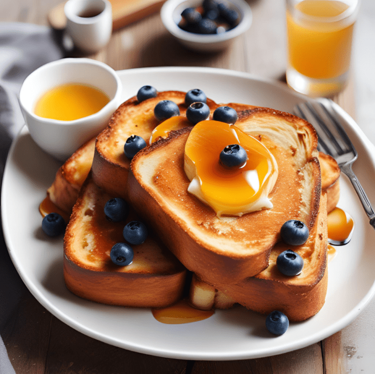 A plate of golden brown Classic French Toast topped with fresh blueberries, a pat of butter, and drizzled with maple syrup, served with a side of honey and a glass of orange juice.