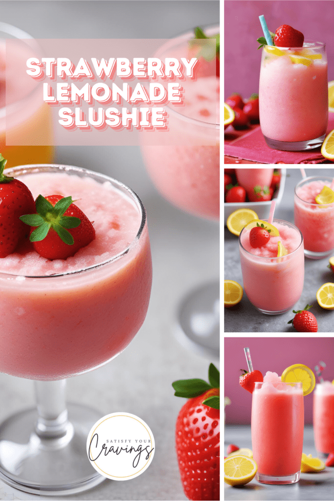 Collage of vibrant Strawberry Lemonade Slushies featuring different presentations. Each image showcases the refreshing drink in various glasses, garnished with fresh strawberries and lemon slices. The text "Strawberry Lemonade Slushie" is prominently displayed, along with the "Satisfy Your Cravings" logo. Perfect for summer, these colorful slushies are a delightful blend of sweet and tangy flavors. For more refreshing drink recipes, visit Satisfy Your Cravings. #SummerDrinks #StrawberryLemonade #SatisfyYourCravings