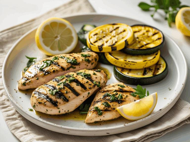 Three grilled chicken breasts on a plate with lemon slices, zucchini, and summer squash.