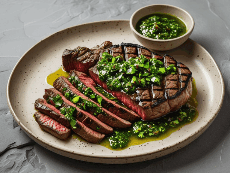 Grilled and sliced steak with chimichurri sauce served on a speckled plate with extra sauce on the side