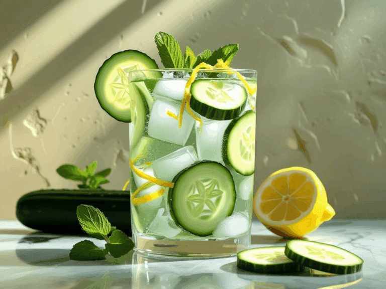 Bright and bubbly cucumber lemonade in a glass with lemon zest, cucumber slices, and mint in sunlight