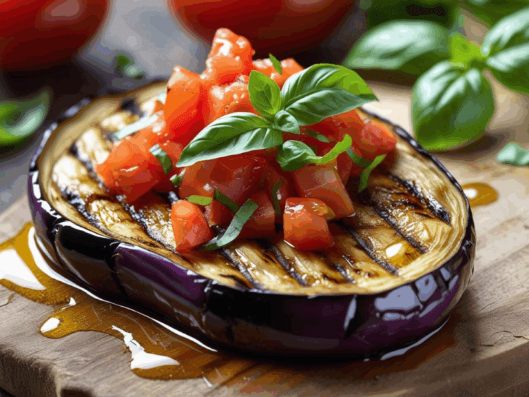 Grilled eggplant half with diced tomatoes and basil leaves placed on a wooden surface with olive oil drizzle.