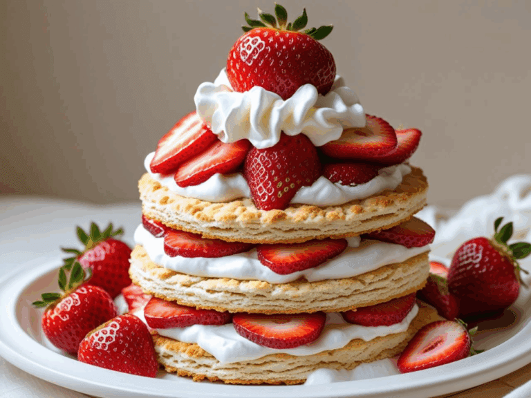 Three-layer strawberry shortcake topped with whipped cream and whole strawberries, on a white plate.