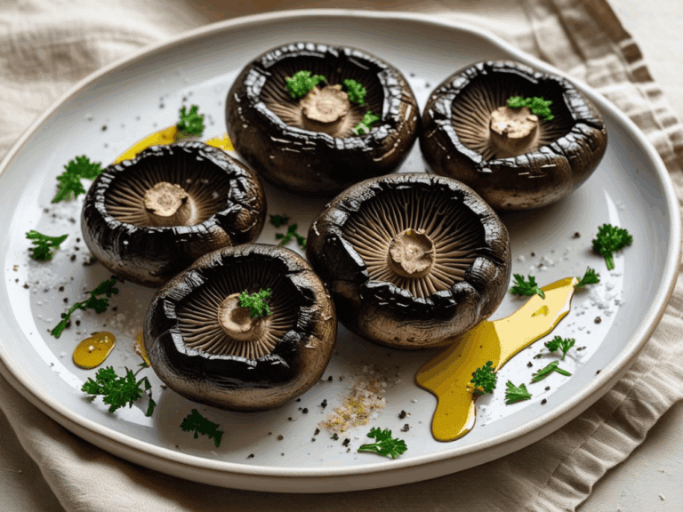 Five grilled portobello mushrooms on a plate with olive oil, parsley, salt, and cracked pepper