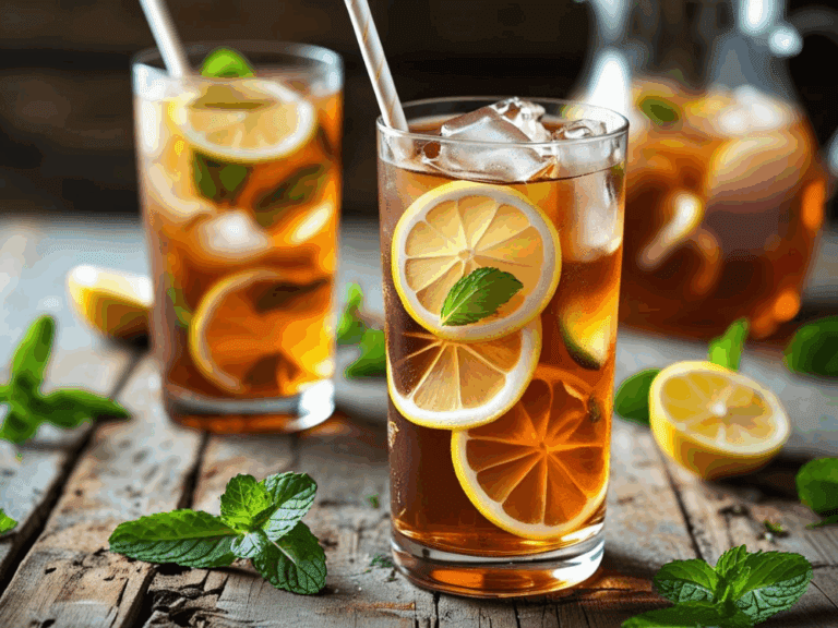 Two glasses of iced tea with lemon slices and mint on a rustic wooden table, pitcher in background