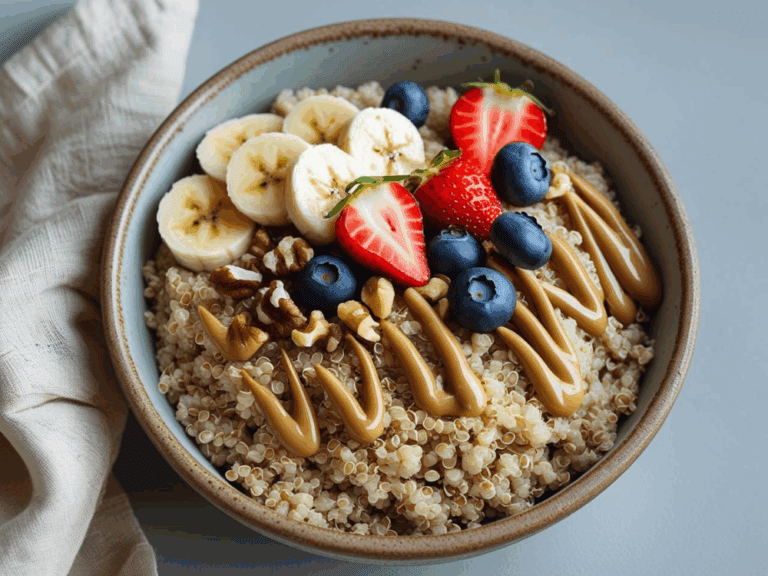 Quinoa breakfast bowl with clean banana slices, whole berries, and artistic almond butter drizzle