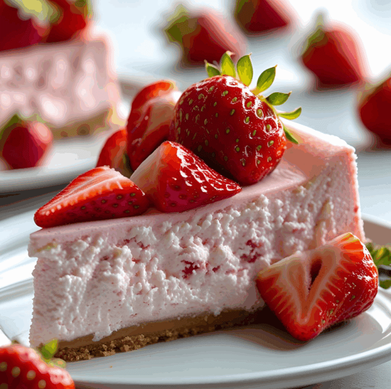 Strawberry cheesecake with thick graham base and glossy strawberries on top.
