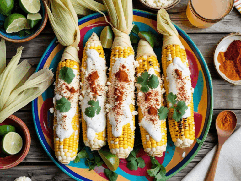 Elotes with husks intact, topped with crema, cheese, and chili powder, served on a colorful plate with fresh lime and spices