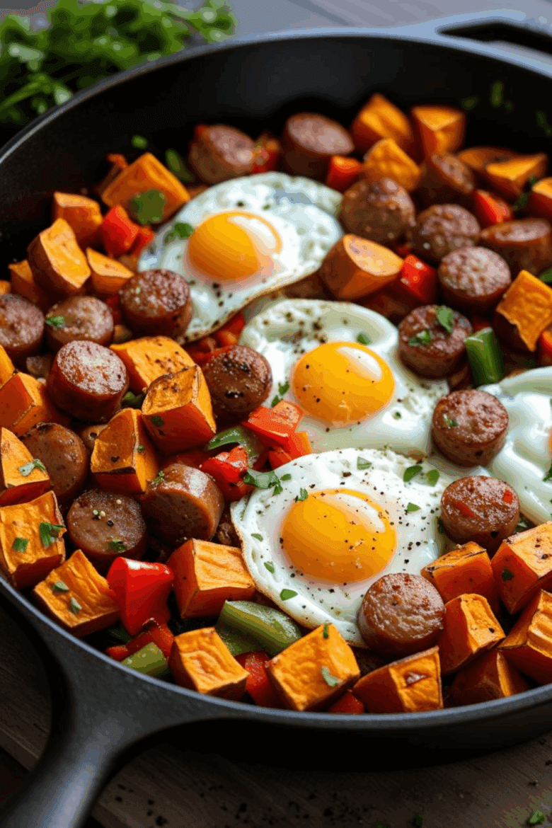 Close-up of cooked sausage and eggs in a skillet with sweet potatoes