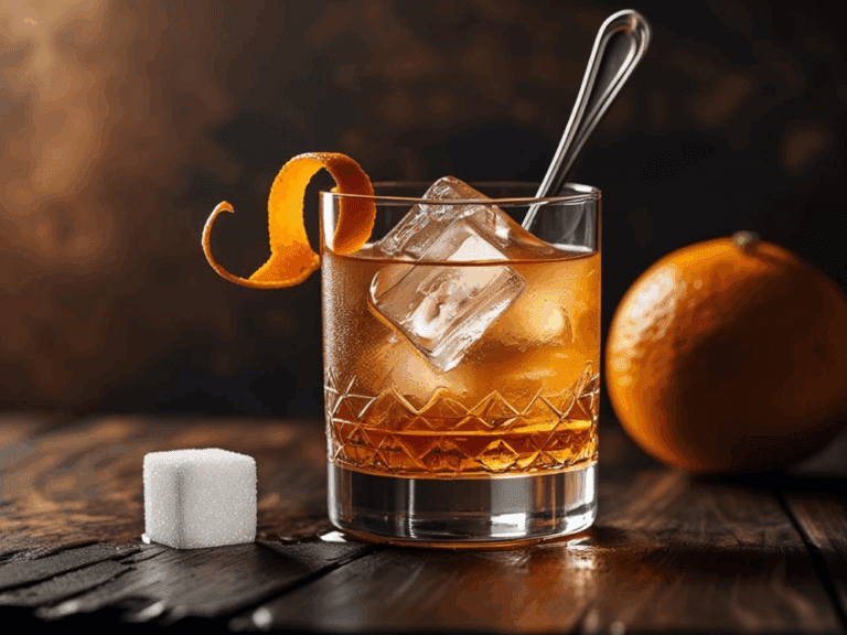 Old Fashioned cocktail with orange twist and bar spoon on a rustic wooden surface.