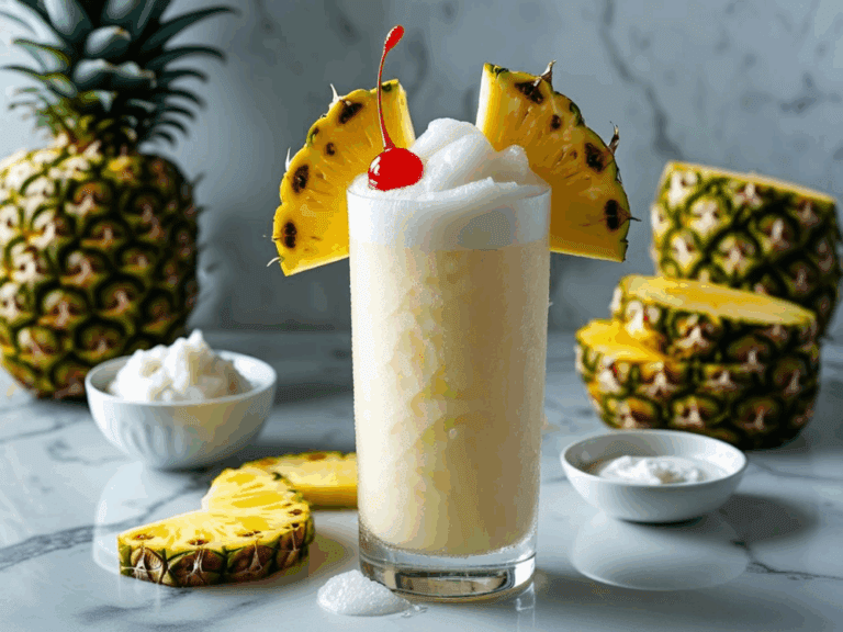 Tall glass of frozen Piña Colada with pineapple wedge, surrounded by fresh fruit