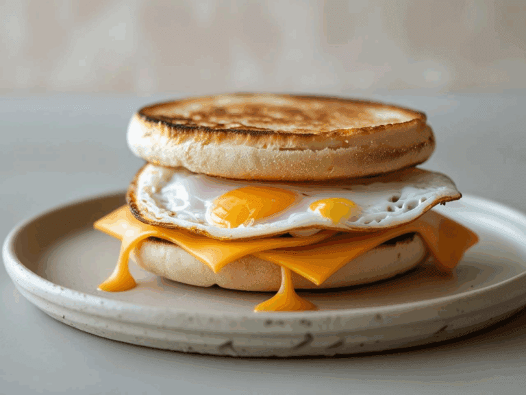 Double-yolk egg and cheese sandwich with melted cheddar on a toasted muffin