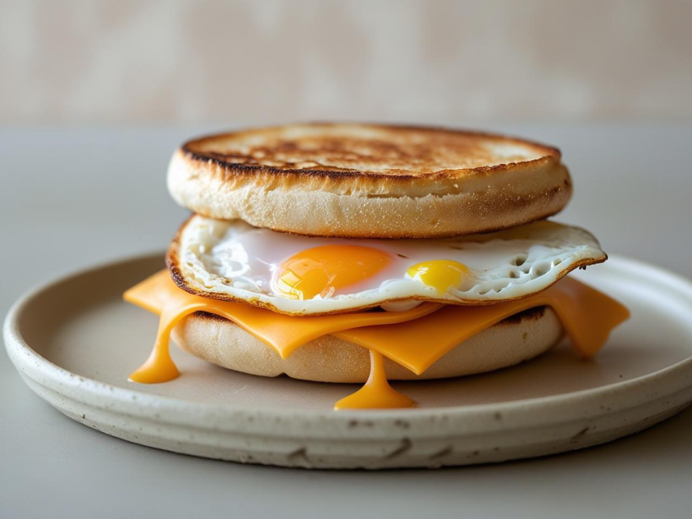Double-yolk egg and cheese sandwich with melted cheddar on a toasted muffin