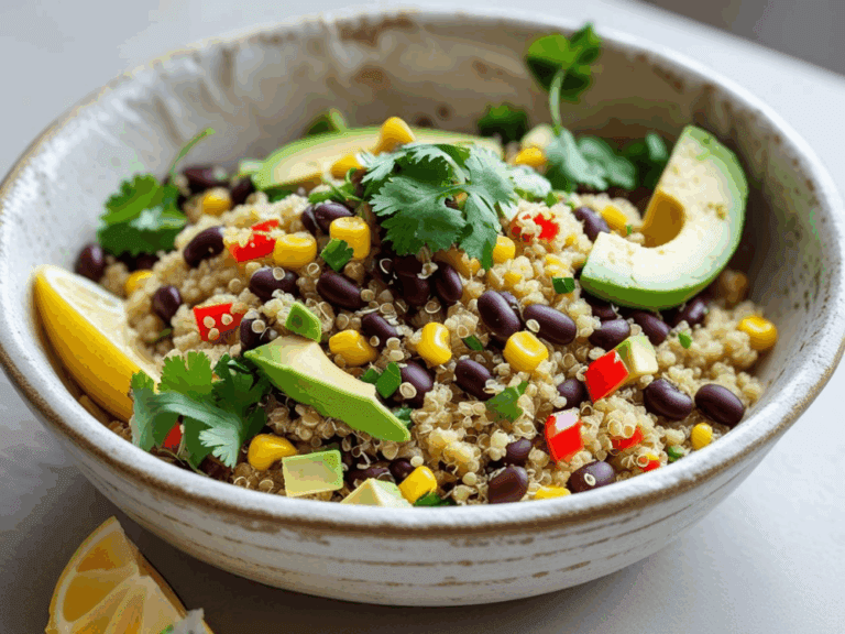 Shallow rustic bowl of quinoa and black bean salad with avocado slices, corn, red bell pepper, cilantro, and lemon wedges.